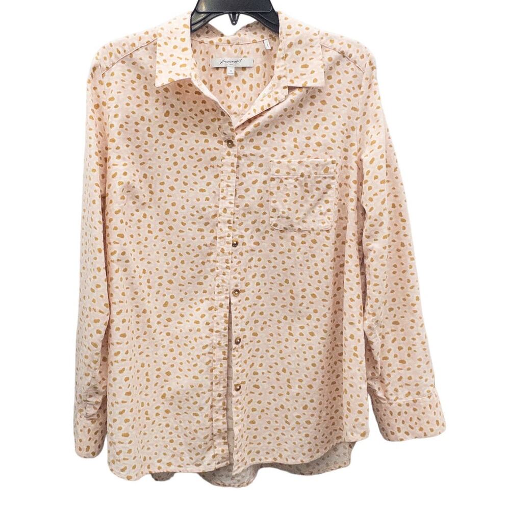 Foxcroft Corduroy Button Down Shirt Animal Leopard Print Pink Tan 14 Boho Chic